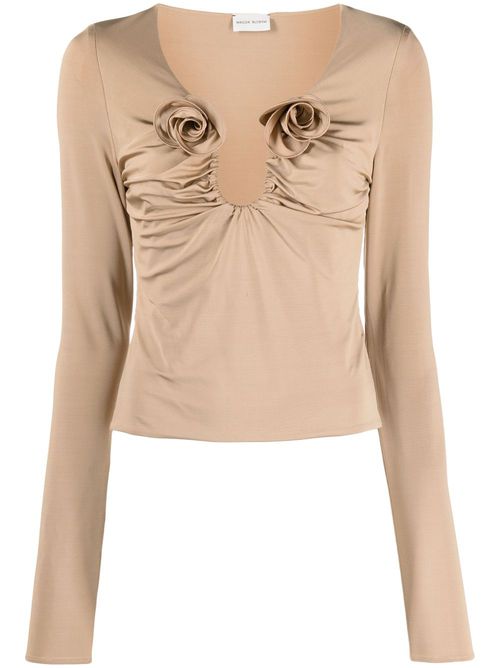Floral-appliqué gathered blouse - Neutrals