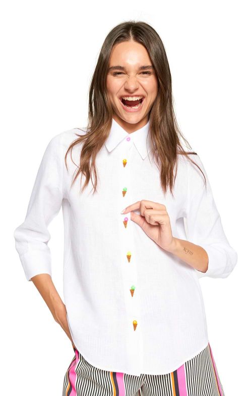 Ladies Linen Embroidered Ice Cream Button Shirt