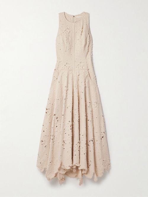 Distressed Frayed Twill Midi Dress - Cream