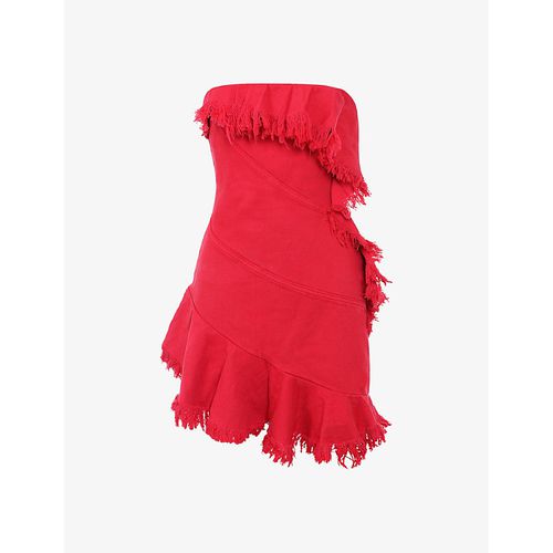 Mistress Rocks | Womens Red Frayed-trim Slim-fit Denim Mini Dress | Realry