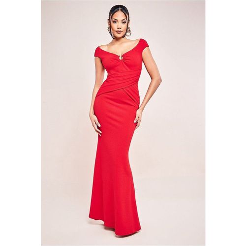 Goddiva Bardot Pleated Maxi With Metal Trim Maxi Dress - Red