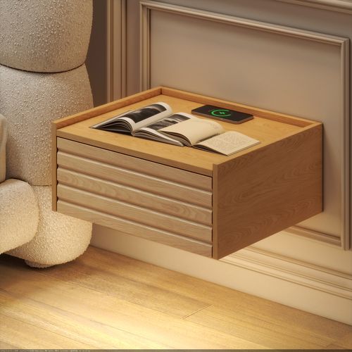 Mesita de noche flotante de madera moderna con estación de carga