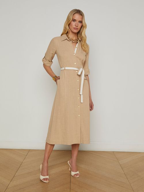 L'AGENCE | Malika Linen-Blend Shirt Dress In Almond/Ivory | Realry