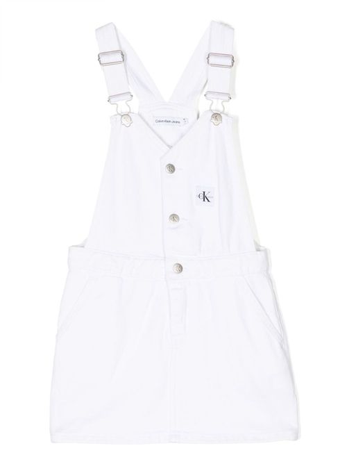 Logo-patch dungaree dress - White