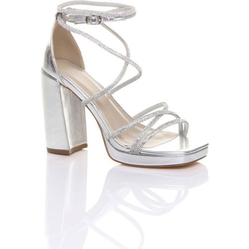 AJVANI Women's High Block Heel Diamante Strappy Platform Sandals in Silver