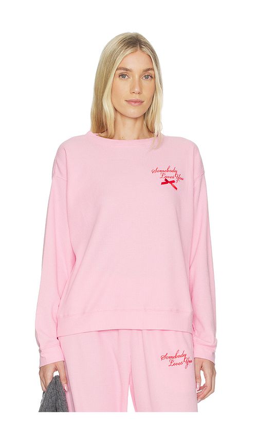 The Mayfair Group Somebody Love You Waffle Crewneck Sweatshirt in Pink. - L/XL also in M/L, S