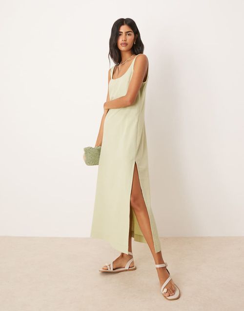 Scoop neck cotton linen midi dress in sage-Green