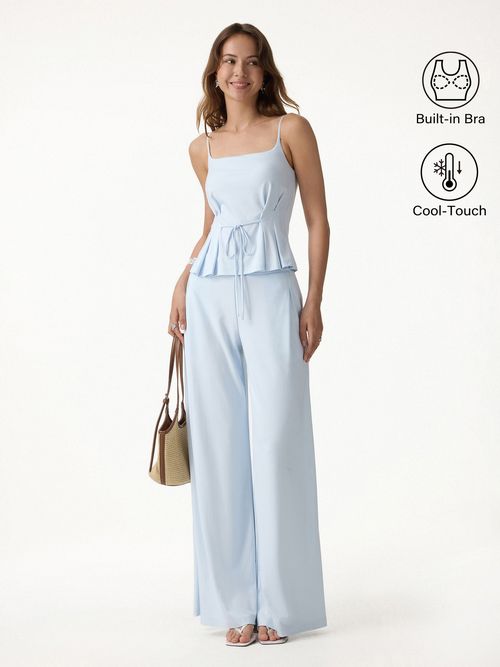 2Pcs Set Spaghetti Brami & Wide Leg Pants with Pockets - Blue Air / XS