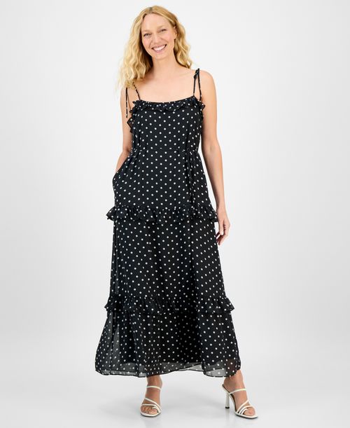 Women's Tie-Strap Ruffle-Tier Maxi Dress - Black White