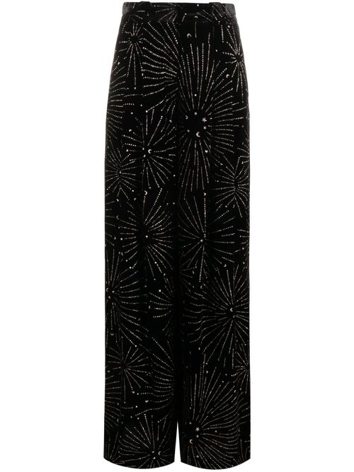 Crystal-embellished velvet-finish palazzo trousers - Black