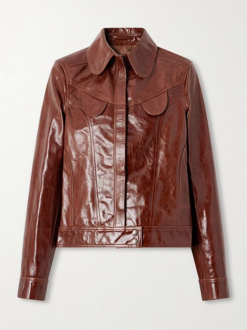 Paneled Glossed-leather Jacket - Brown
