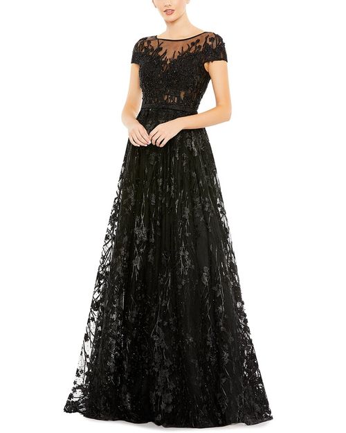 Embellished Floral Cap Sleeve A-Line Gown