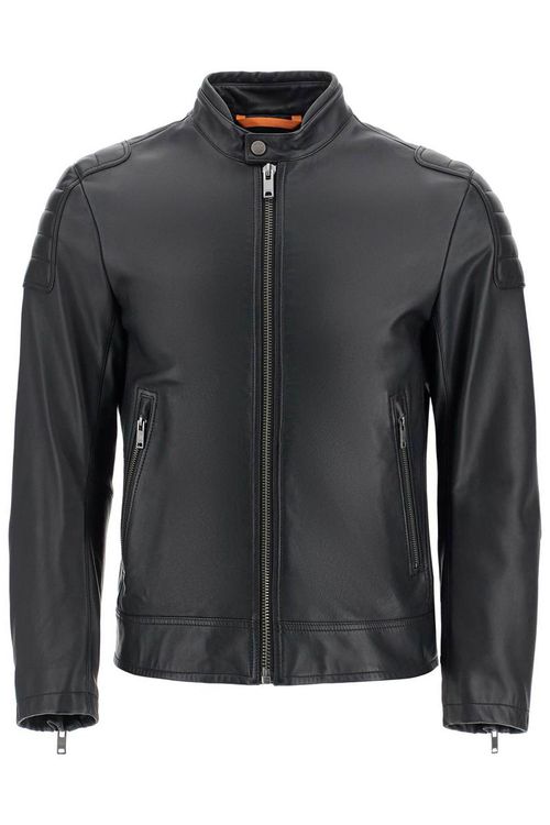 Black leather jacket with high collar and quilted details