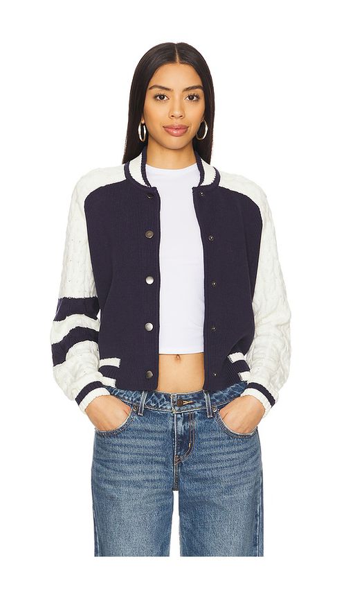 Central Park West Cable Sleeve Knit Bomber in Navy.  XS also in