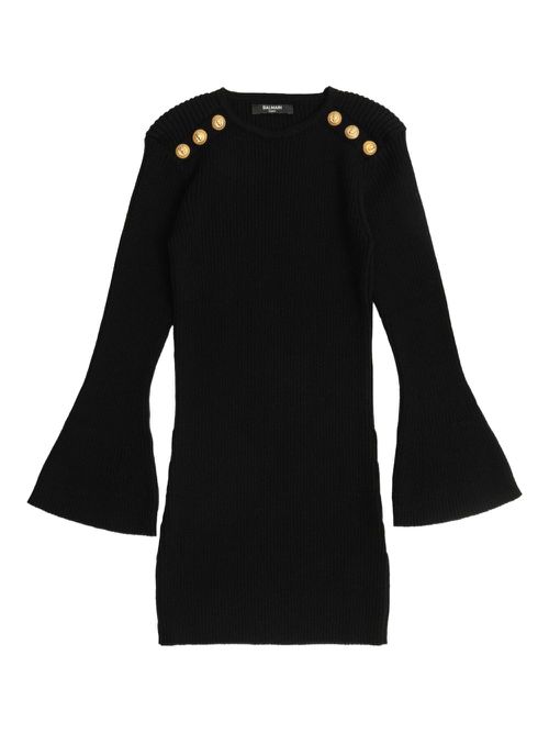 Embossed-button bell-sleeve dress - Black