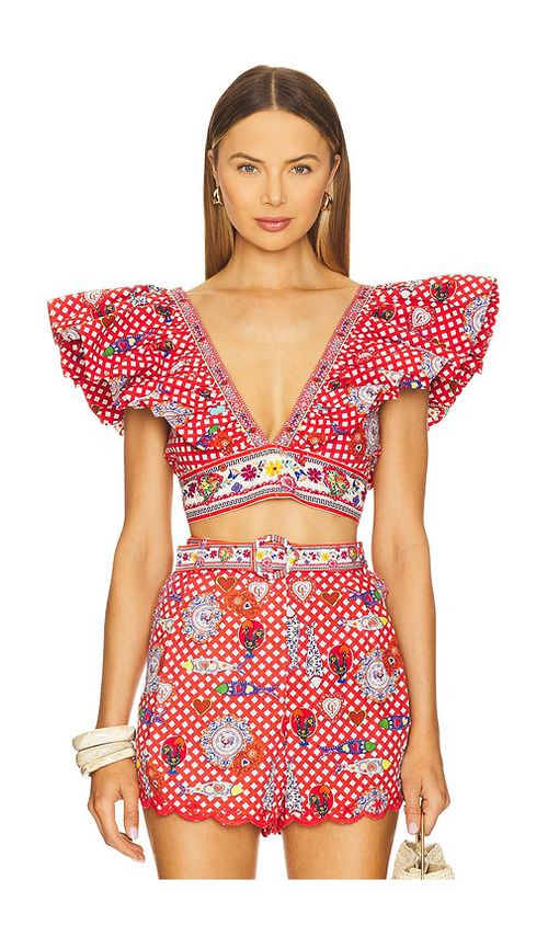 Camilla Ruffle Wrap Top in Pink. L. Also in