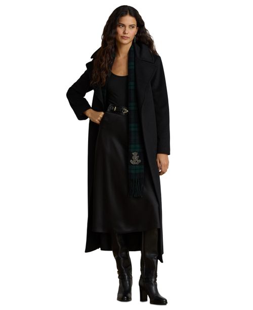 Women's Wool-Blend Notch-Collar Belted Wrap Coat - Black