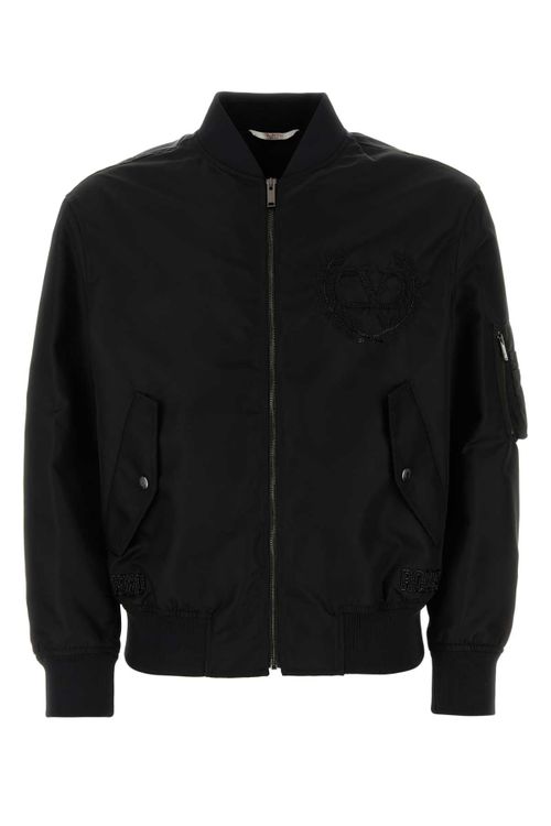 Nylon with Logo Embroidery Bomber Jacket — Black