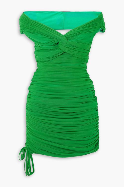 Diana off-the-shoulder ruched stretch-tulle dress