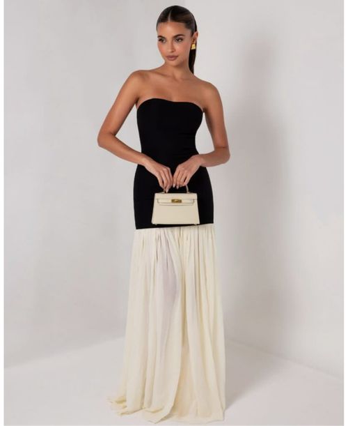 Heiress Beverly Hills | Women's Strapless Cream Chiffon Maxi Dress - Black  | Realry