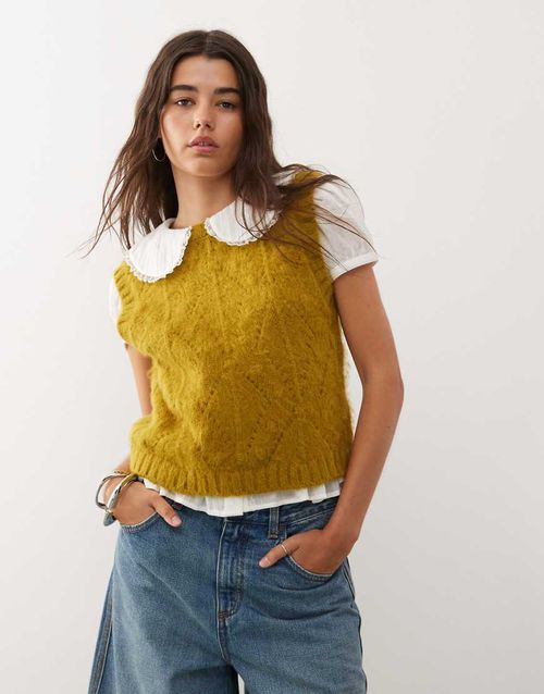 Pointelle fluffy knit tank top in olive green