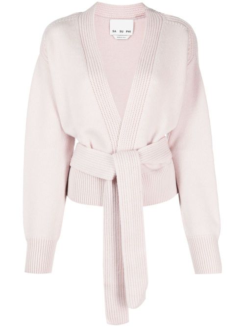 Belted ribbed-knit cardigan - Pink