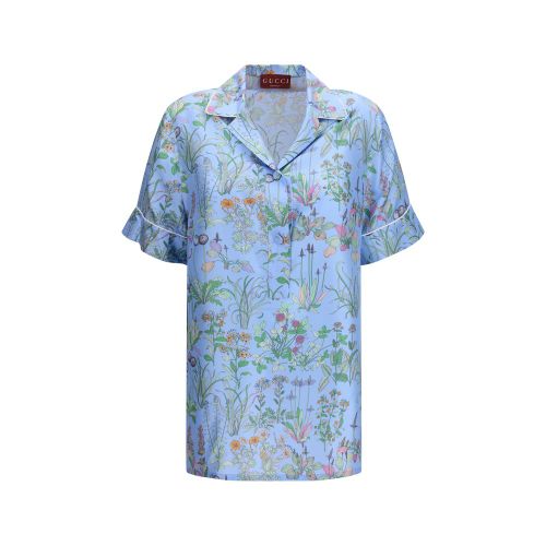 Floral Silk Twill Shirt — Blue