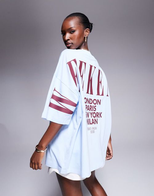 Weekend Collective Icon oversized T-shirt with stacked back logo in dusky blue and burgundy