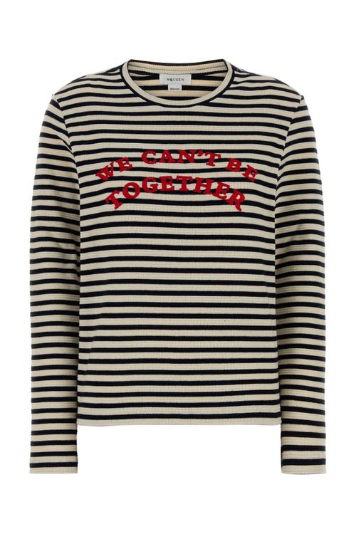 Embroidered Striped Cotton T-Shirt — Navy