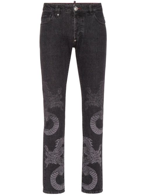 Dragon-print washed straight-leg jeans - Grey