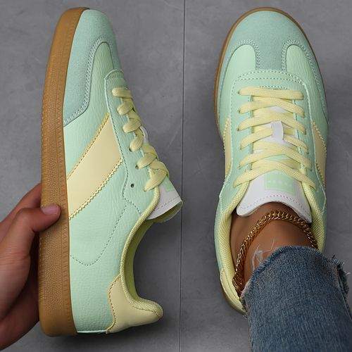 TEMU Women's Mint Green & Yellow Sneakers - Non-slip Tpr Sole, Cushioned Eva Insole - Minimalist Lace-up Shoes For Everyday, Office, Formal Event