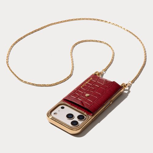 Cora Crossbody Phone Case in Red Croc/Gold | 17 / iPhone Regular | Genuine Leather |