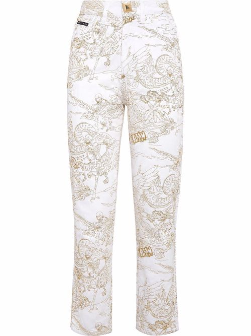 Skeleton-print cropped jeans - White