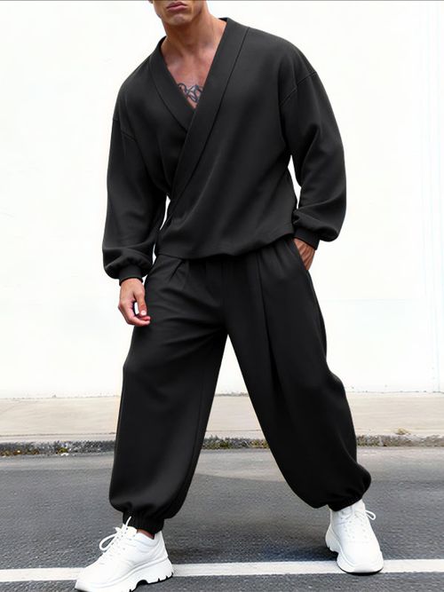 Men's Solid Color Casual Two Pieces Outfit SKUL45418 - Black / S