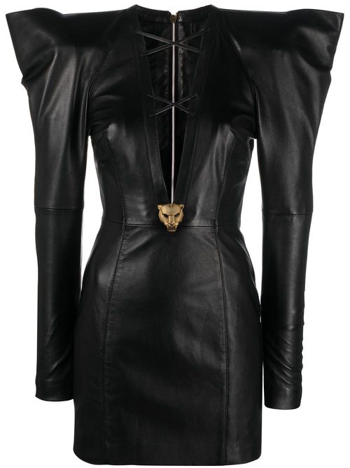 Pointed shoulders leather mini dress - Black