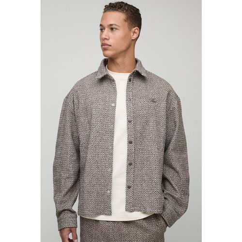 Mens Beige Tall Oversized Brushed Herringbone Overshirt, Beige