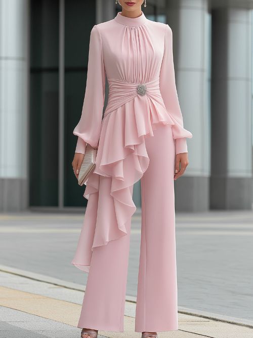 Elegant Draped Ruffle Top Wide-Leg Pants Set - Pink