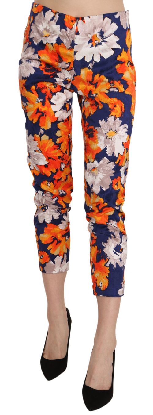 LANACAPRINA Blue Floral Print Skinny Slim Fit Trousers Women's Pant