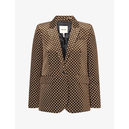Womens Sharp Shoulder Geometric-Print Velvet Blazer