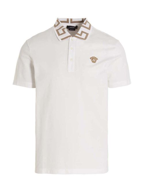 Greca-Collar Piqué Cotton Polo Shirt — White