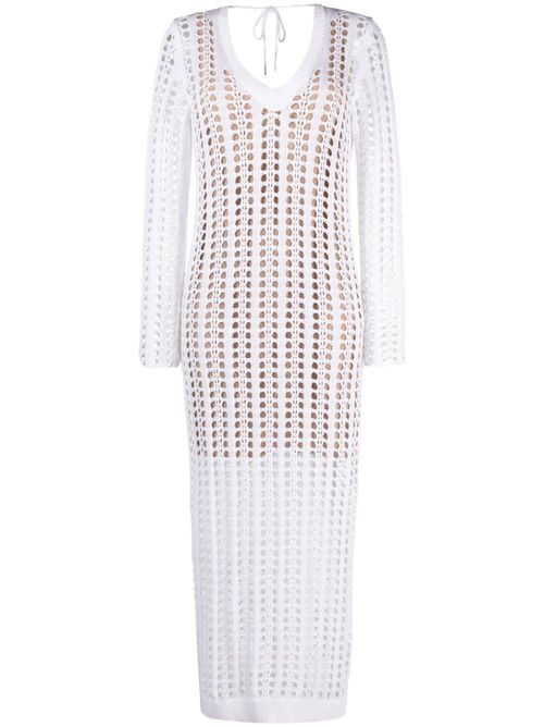 V-neck open-knit long dress - White