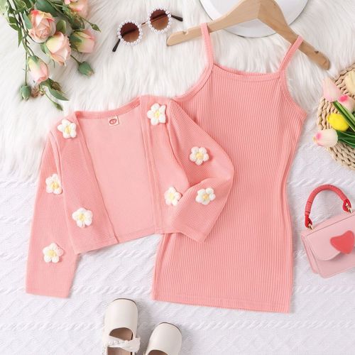 Mother & Kids Floral Jacket Camisole Inner Layer Girls' 3-Piece Spring Outfit Set – Long-Sleeve Floral Jacket + Sleeveless Dress Pink, 4Y-7Y