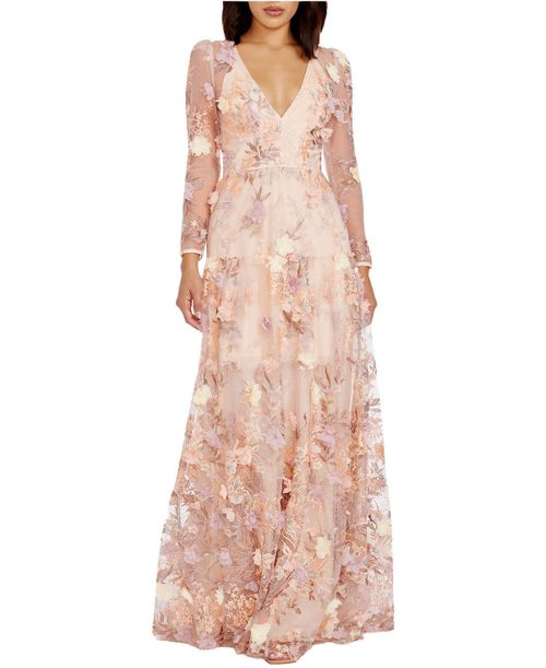 Women's Angelina Long Sleeve V-Neck Floral Fit and Flare Dress - Cream multi