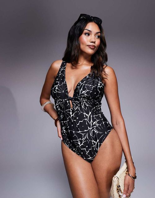 ASOS DESIGN Fuller Bust cut-out plunge swimsuit in mono floral print-Black