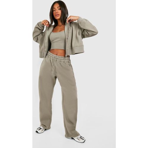 Boohoo Womens Deep Hem Crop Top 3 Piece Hooded Tracksuit - Khaki Cotton - Large