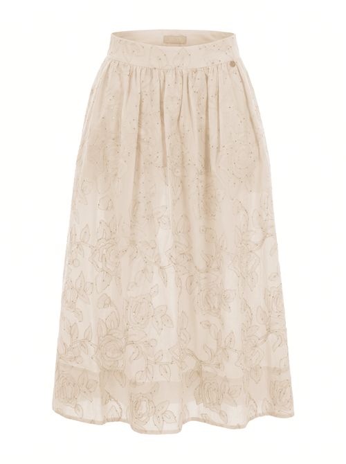 Floral Embroidered Cotton Muslin Skirt — Beige