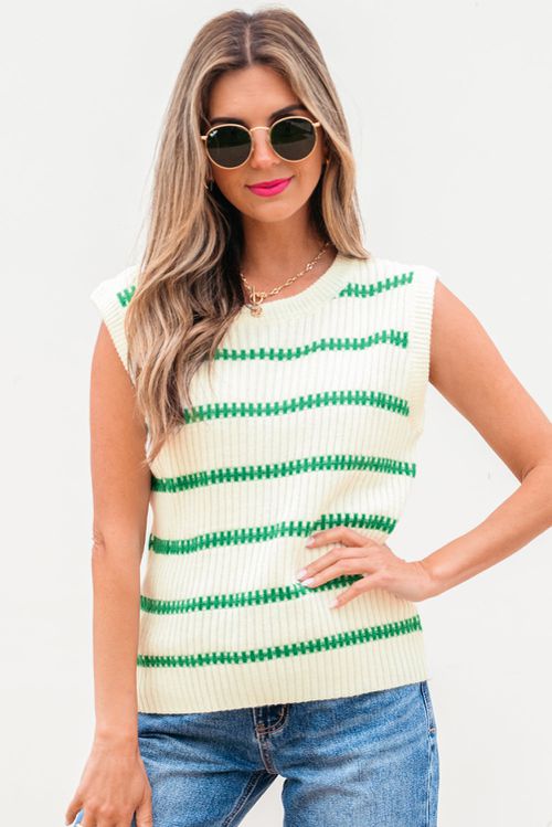 Ivey Striped Round Neck Casual Sweater Vest by Bright Green / S / 65%Acrylic+35%Polyamide