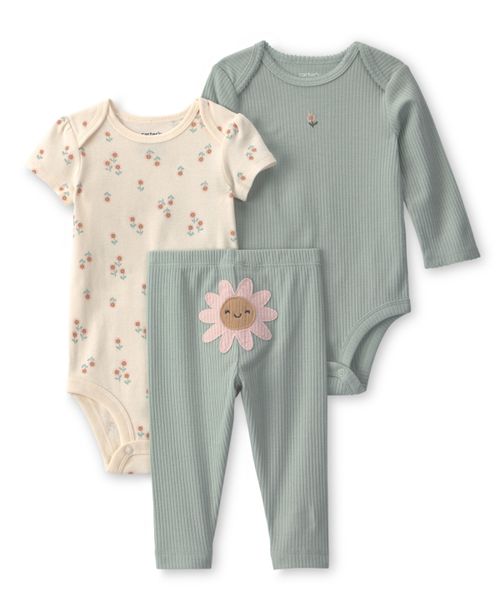 Baby Girl's Floral Bodysuit & Pant 3-Piece Set - Green/Ivory