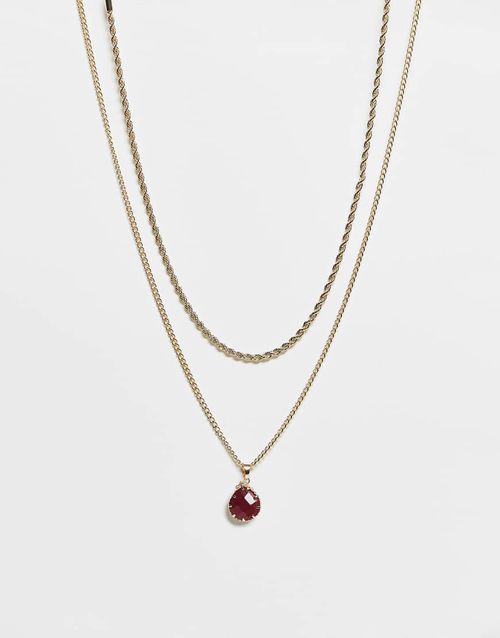 Reclaiemd Vintage unisex 2 row necklace with faux red pendant in gold