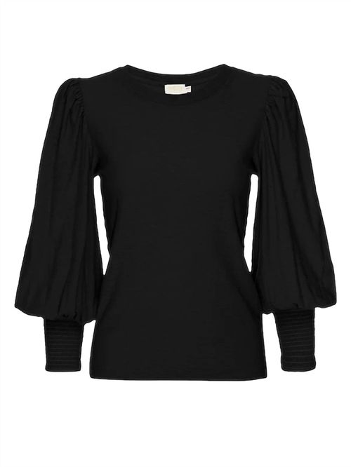 Loren Smocked Peasant Tee In Black